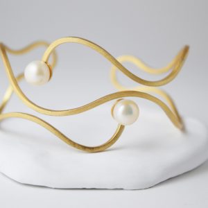 Gold Plated Curved With Two Pearls Bracelet