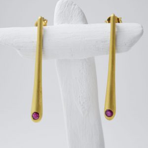 Sterling Silver Long Drop Rubelita Gem Stone Gold Plated Earrings