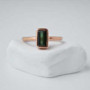 Sterling Silver Rectangle Tourmaline Gem Rose Gold Plated Ring