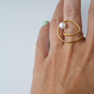 Sterling Silver Freshwater Pearl Orbit Gold Plated Ring hand